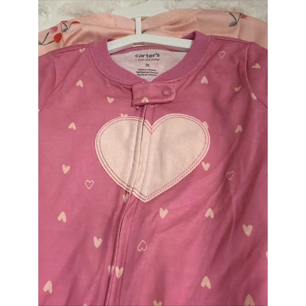 Toddler Girls' Carter's 2-Pack Pink Heart & Cherry Footie Pajamas Size 3T NWT